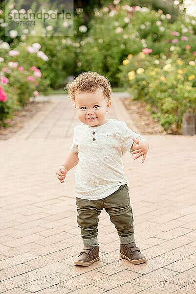 Toddler boy walking through the garden