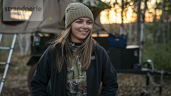 Portrait of young woman during camping  Biwabik  Minnesota  USA