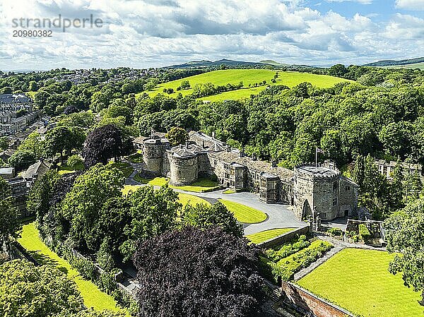 Skipton Castle from a drone  North Yorkshire  England  United Kingdom  Europe