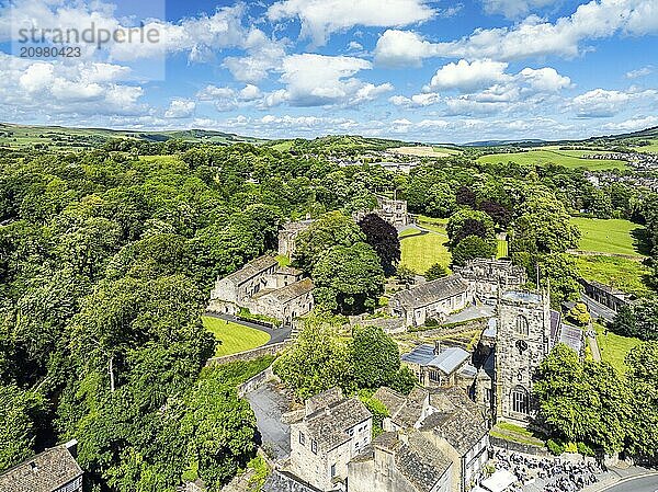 Skipton Castle from a drone  North Yorkshire  England  United Kingdom  Europe