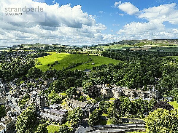 Skipton Castle from a drone  North Yorkshire  England  United Kingdom  Europe