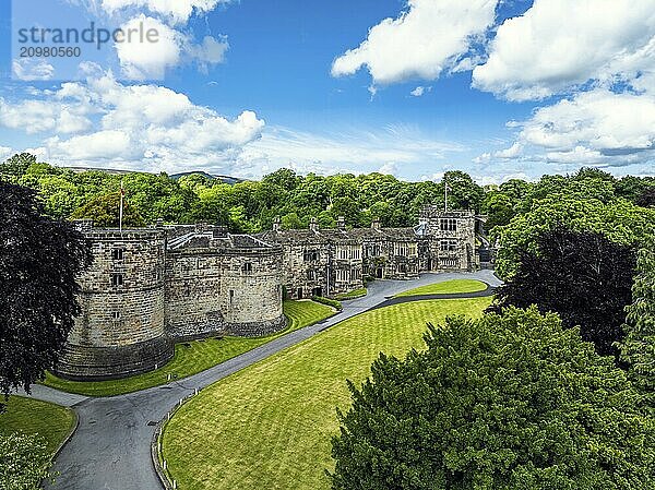 Skipton Castle from a drone  North Yorkshire  England  United Kingdom  Europe