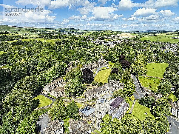 Skipton Castle from a drone  North Yorkshire  England  United Kingdom  Europe