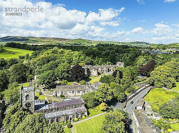 Skipton Castle from a drone  North Yorkshire  England  United Kingdom  Europe