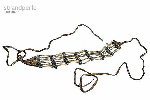 Indian necklace made from shells  turquoises and leather strips on a white background