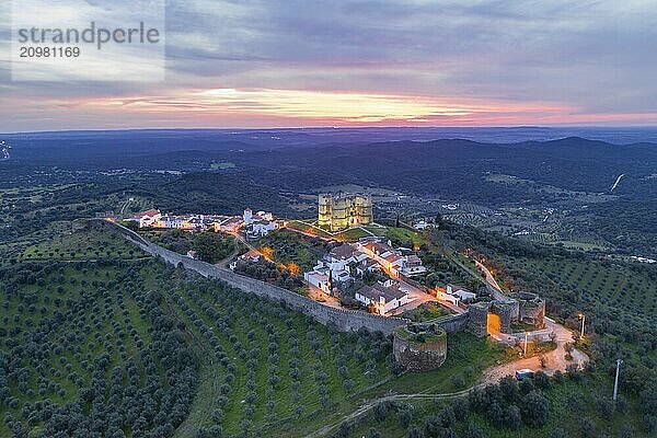 Evoramonte drone aerial view of village and castle at sunset in Alentejo  Portugal  Europe