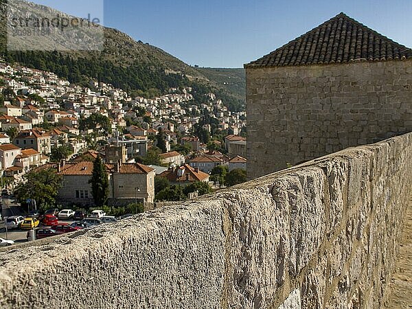 View from the old city wall to houses and hills in the background  dubrovnik  Mediterranean Sea  Croatia  Europe