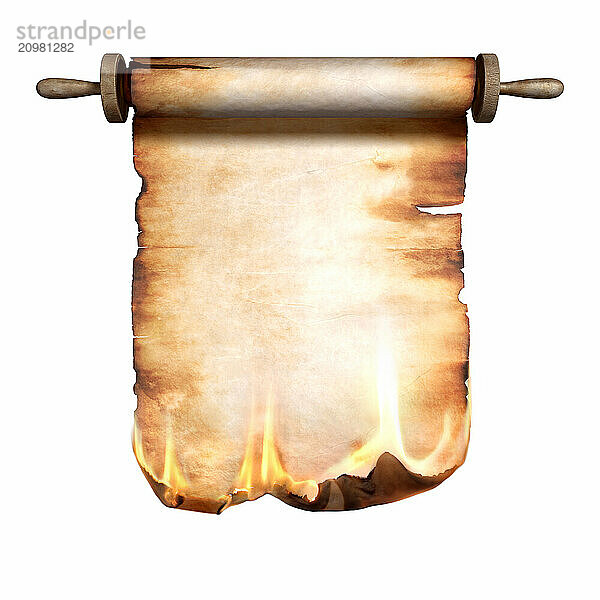 Burning roll of parchment isolated on white background