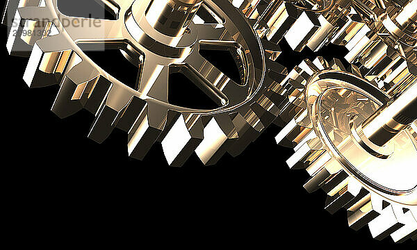 Closeup of shiny steel gears machinery and mechanical devices concept isolated on black background