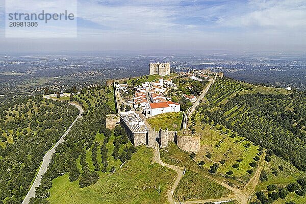 Evoramonte drone aerial view of village and castle in Alentejo  Portugal  Europe