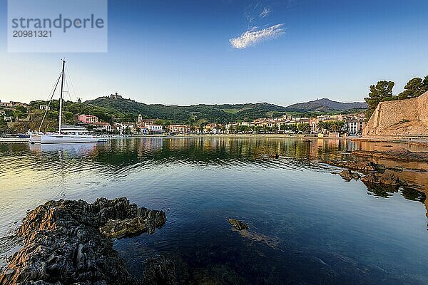 Collioure harbor and medieval castle at sunrise at Occitanie in France