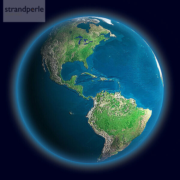 3D Illustration of The Earth North America South America continents of terrestrial globe Isolated on dark blue background