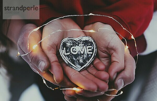 Hands holding stone heart with love text. Blurred background.