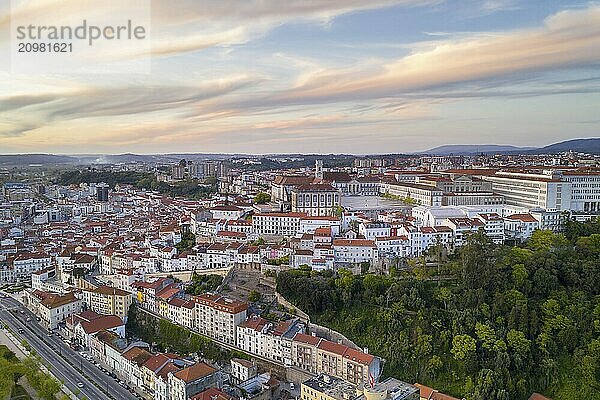 Coimbra drone aerial of beautiful buildings university at sunset  in Portugal