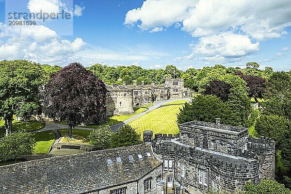 Skipton Castle from a drone  North Yorkshire  England  United Kingdom  Europe