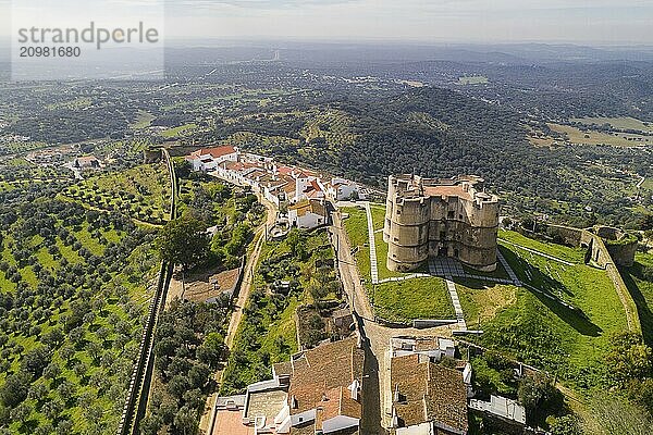 Evoramonte drone aerial view of village and castle in Alentejo  Portugal  Europe