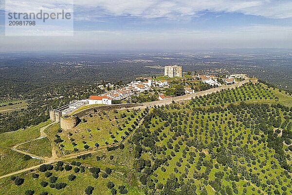 Evoramonte drone aerial view of village and castle in Alentejo  Portugal  Europe