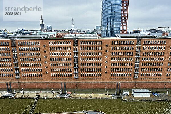 View from the top of the Elbphilharmonie of the red brick buildings in Hamburg