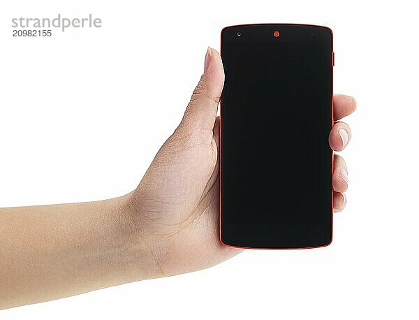 LG Google Android Nexus 5 phone in woman's hand isolated on white background