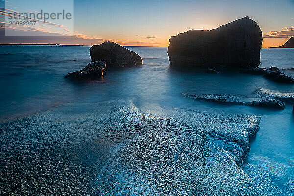 Rocky coast at sunset  Utakleiv  Lofoten  Norway  Europe