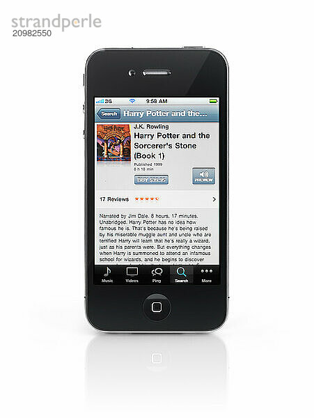 Harry Potter audiobook at iTunes store on display of Apple iPhone 4 smartphone isolated with clipping path on white background