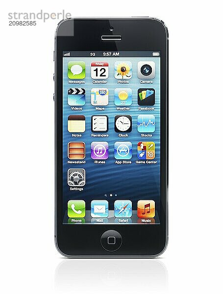 Apple iPhone 5 black with desktop icons on its display isolated on white background with clipping path