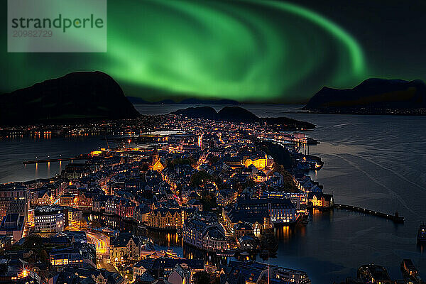 Alesund with Northern Lights  Norway  Scandinavia  Europe