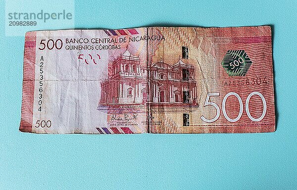 Banknote of 500 Nicaraguan cordobas isolated. 500 Nicaraguan cordobas bill on isolated background