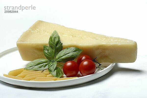 A piece of parmesan cheese with basil  pasta and tomatoes  Italy  Europe