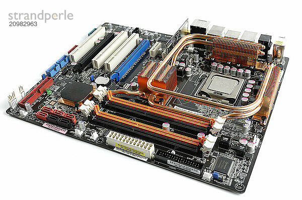 Computer motherboard with CPU and memory slots Isolated on white