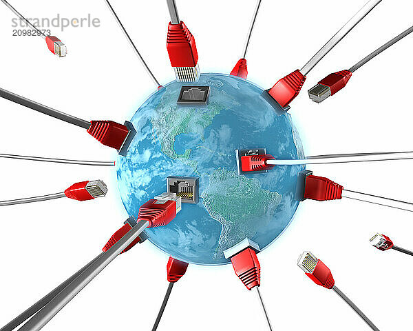 Conceptual 3D illustration of network cable connectors plugging into a blue Earth globe with sockets Internet connection WWW global communication ISP network information and media concept Isolated on white