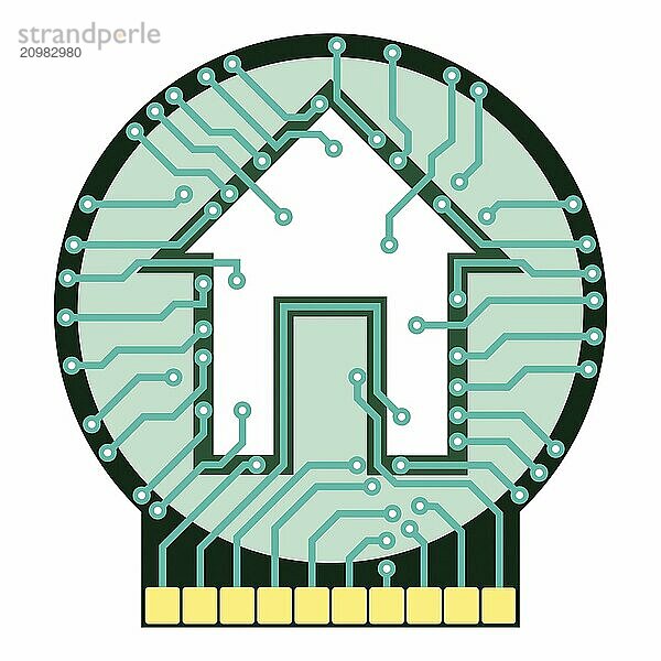 Connected home symbol conceptual illustration. Circuit board with house symbol isolated on white background. Vector illustration is available on request