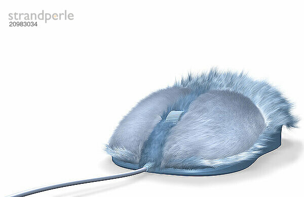 Blue furry computer mouse isolated on white background