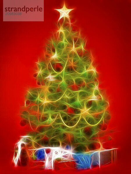 Beautiful decorated Christmas tree with colorful gifts under it. Artistic illustration isolated on bright red background