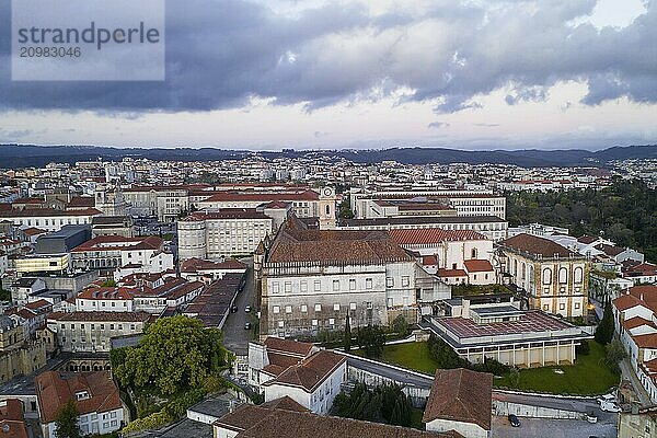 Coimbra drone aerial of beautiful buildings university at sunset  in Portugal