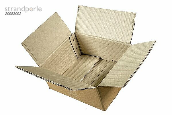 Side view of an unfolded empty cardboard box cropped on white