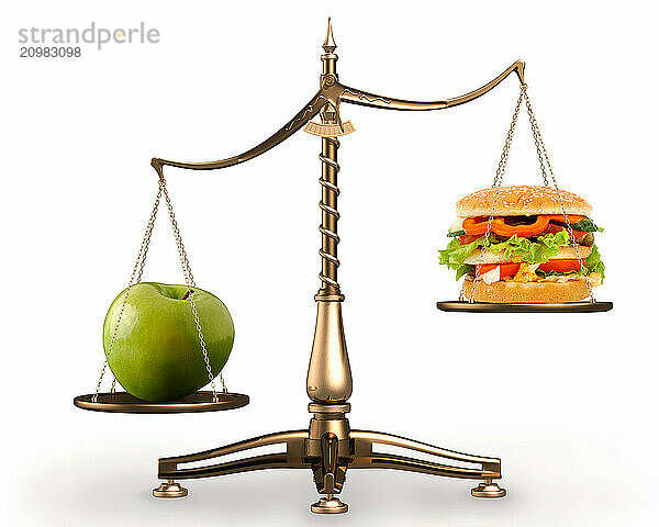 Big green ripe apple and junk food hamburger on scales isolated white background