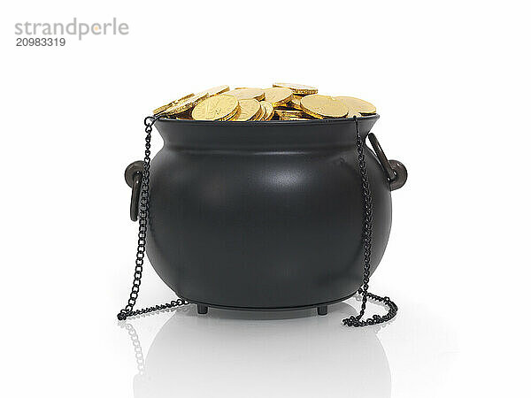 Cauldron full of money  fake golden coins. Isolated on white