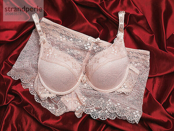 Pink lacy underwear on red shiny silky fabric