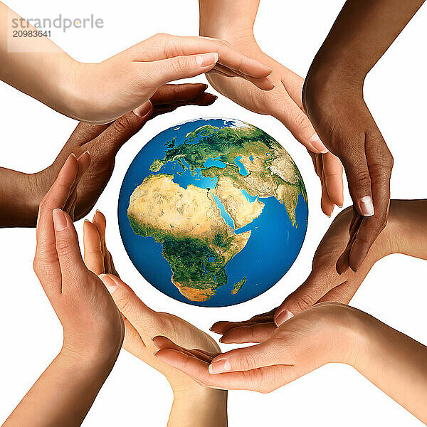 Conceptual symbol of multiracial human hands surrounding the Earth globe. Unity  world peace  humanity concept. Isolated on white background