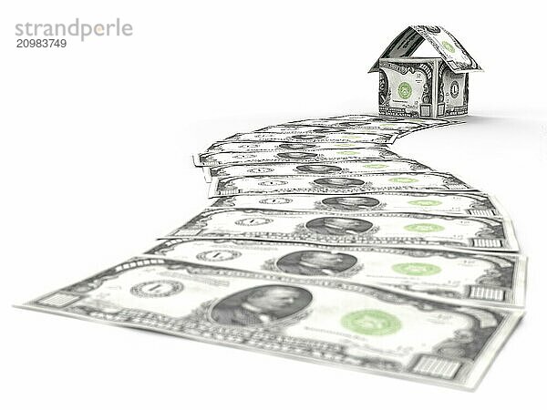 Money path leading to a house made of thousand dollar bills isolated on white background. Business career  investment  mortgage and housing concept