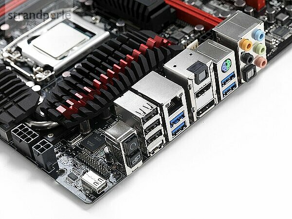 Closeup of motherboard back plate connectors including thunderbolt  usb 3 and other ports on white background