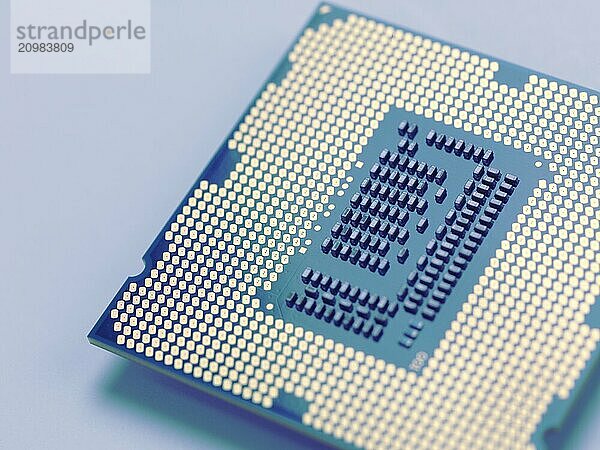 Intel i7 processor gold contacts CPU socket circuit isolated on blue background