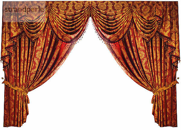 Red gold Chinese drapes luxury curtains isolated on white background with clipping path