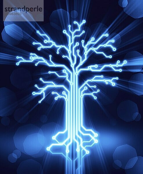 Glowing digital tree made of circuits  conceptual illustration blue on black background