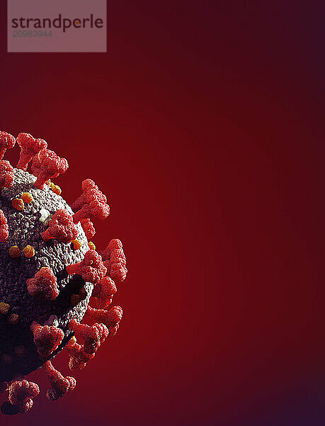 Coronavirus  COVID-19  Corona virus particle closeup on dark red background with copyspace. Scientific medical 3D illustration of virus SARS-CoV-2