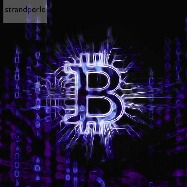 Bitcoin ? cryptocurrency  digital decentralized currency symbol. Conceptual dynamic fractal illustration of a bitcoin connected to a blockchain network in purple blue color on black background