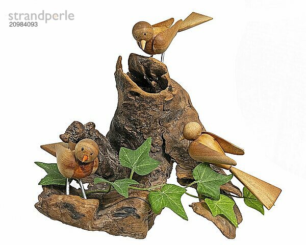 Wooden model with 3 turned birds on a tree root  painted on white