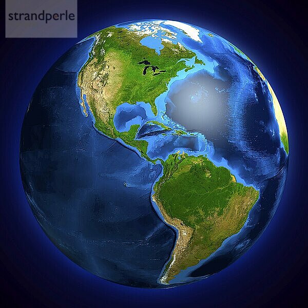 View of the Earth globe from space showing South and North America. Isolated on dark blue background