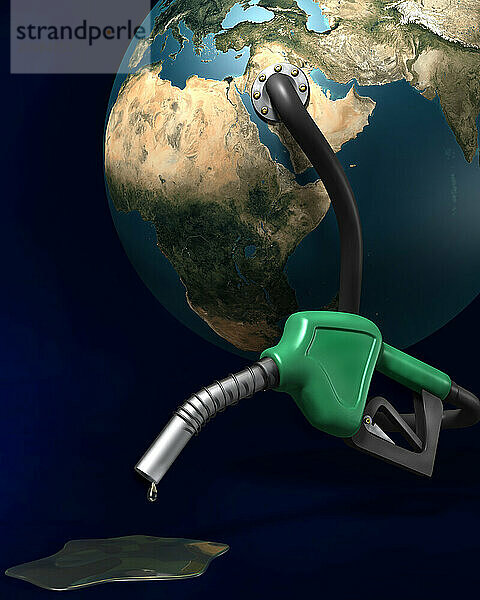 Last drops of gasoline coming out of a gas station nozzle connected to the Earth. Isolated illustration on dark blue background